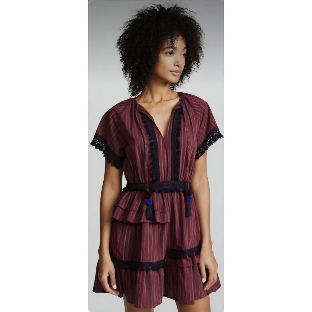 Sea New York Striped Ruffle Mini Dress Burgundy Navy Lace Trim Tassel Size 0